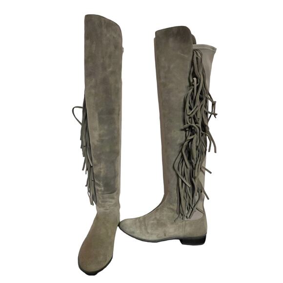 Stuart Weitzman •6• Mane Fringe Over the Knee Taupe Beige Suede 50/50 Boots NEW - Picture 5 of 16